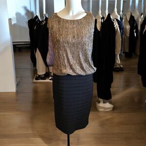 Scarlett Black & Gold Sleeveless Metallic Blouson Dress - Size 12
